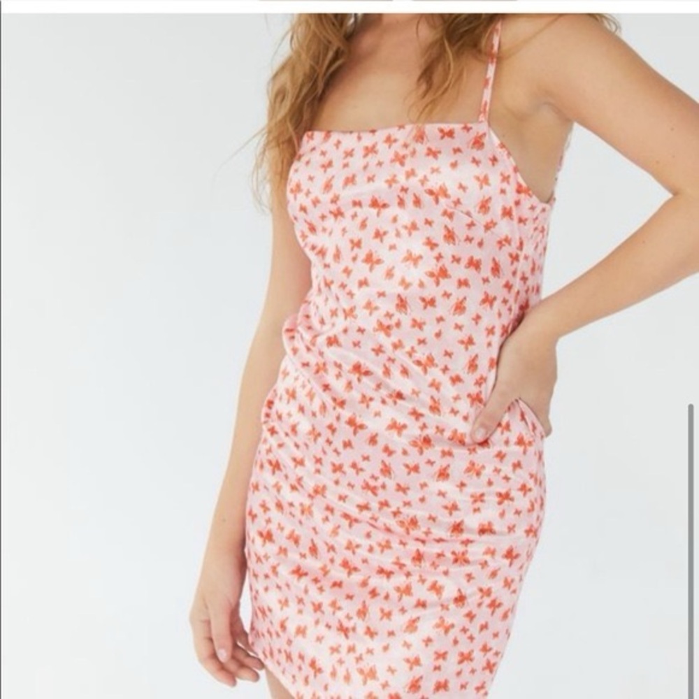 UO Pink Sleeveless Dragon Butterfly Printed Sateen Mini Slip Dress Pink Rose
